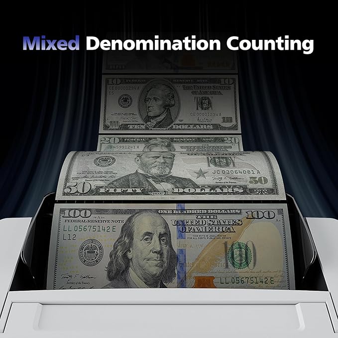N71 Money Counter Machine Mixed Denomination, Dual-Display Mixed Denomination Value Counting Machine with UV/MG/IR/DD Counterfeit Detection, USD, EUR, MXN, GBP and CAD Business Money Counter