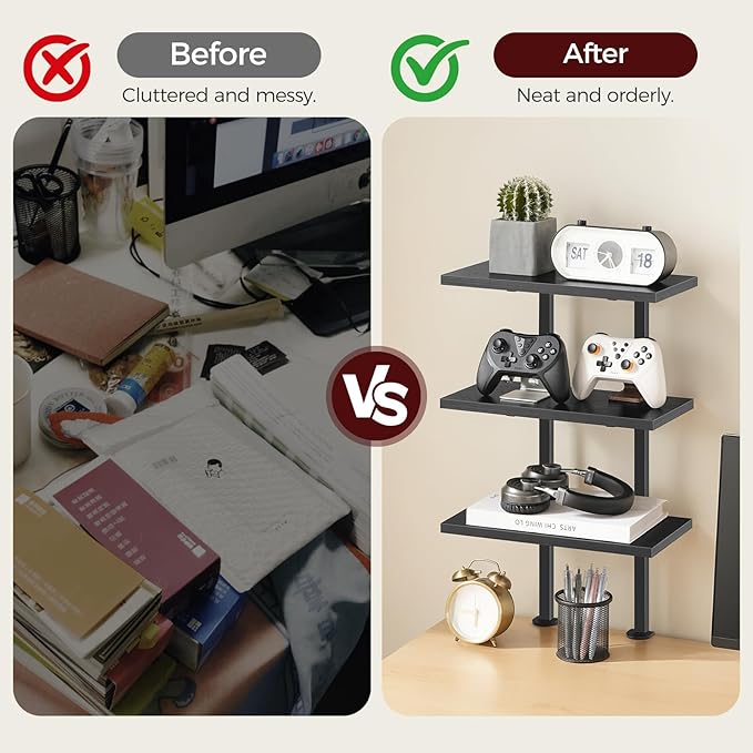 Clamp On Desk Organizer, 3-Tier Desktop Bookshelf, Adjustable Desk Storage Shelf, Metal Frame, for Office, Study and Game Room, Black DSBK3601