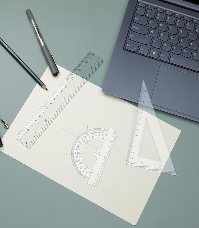 Geometry Set, 6-Piece Clear Plastic Math Ruler, Drafting Ruler Kit Includes Protractor, Triangle Ruler, Straight Ruler-Math Measurement Tools for Students, School and Office Supplies