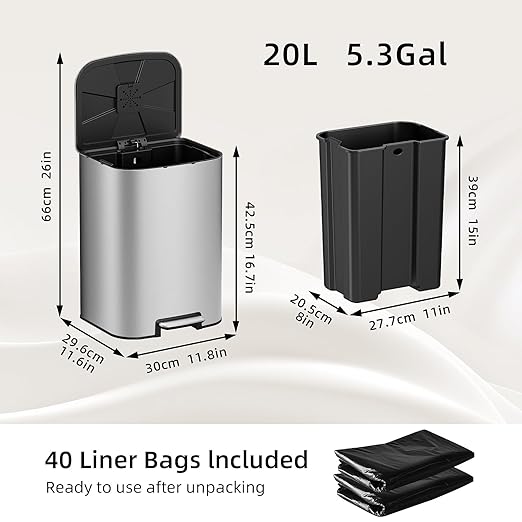 KUK 5.3 Gallon Kitchen Trash Can with Lid, Heavy Duty Hands-Free Stainless Steel Commercial Step Trash Bin with Removable Inner Bucket, Pedal Rubbish Bin for Home Office and Kitchen, 20L/5.3Gal