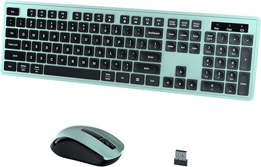 Wireless Keyboard and Mouse Combo, COVEVA 2.4GHz Wireless Keyboard Mouse with USB Receiver, Water-Dropping Keycaps, 104 Keys Full Size with Number Pad for PC Laptop Computer Desktop(Black Green)