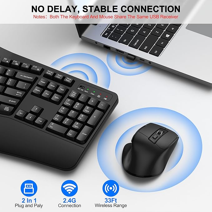 Wireless Keyboard and Mouse Combo, 2.4G Full Size Wave Keys Ergonomic Keyboard with Wrist Rest and 3-Level DPI Adjustable Wireless Ergonomic Mouse for Windows, Mac OS Desktop/Laptop/PC(Black)