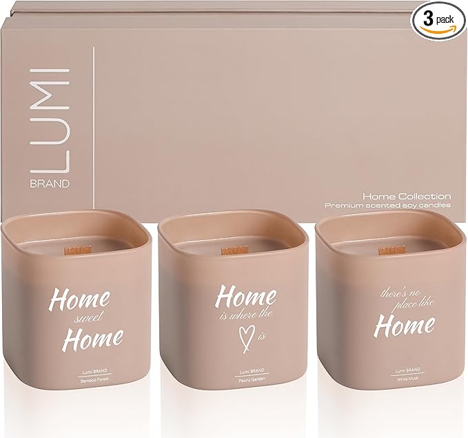 Set of 3 Premium Scented Soy Candles Gift Set | Home Collection – White Musk, Bamboo Forest & Peony Garden | Crackling Wood Wick | Luxurious Candle Set for Relaxation, Home Décor & Gifts | 9.8oz Each