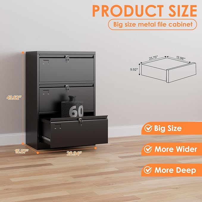 3 Drawer Lateral File Cabinet, Metal Lateral File Cabinets with Lock, Legal Size Steel Lateral Filing Cabinet for Office and Home