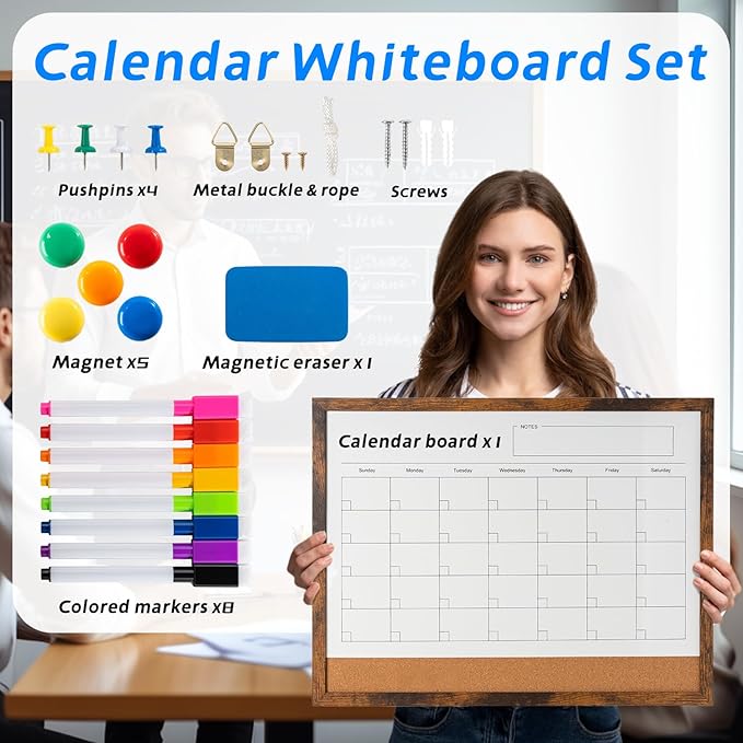 Dry Erase Calendar Whiteboard, 17" x 13" Magnetic Whiteboard Cork Board Combo, Reusable Monthly Planner with 8 Markers, Eraser, Magnets and Pushpins, Hanging Dry Erase Board for Home, School - Brown