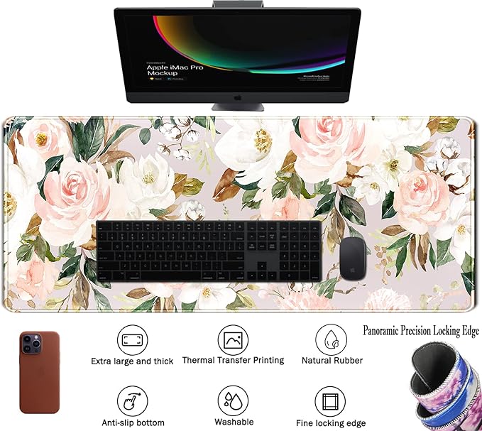Pink Flowers Keyboard Pad PC Gaming Desk Mat Desk Mouse Pads Green Leaves Floral Mouse Pad Large, Computer XL Big Mousepad Deskpad Mat with Stitched Edge for Women Home Office Decor 31.5x11.8 in