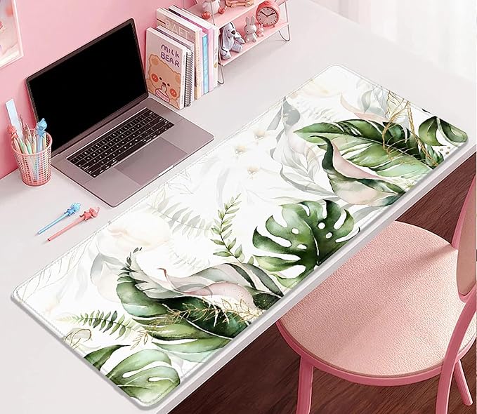 Green Tropical Leaves Mouse Pad Desk Pad,Green Sage Plant Extended Gaming Mouse Mat with Stitched Edges Non-Slip Waterproof Rubber Base Mous Mat for Office Home Game Desk Pad(27.5X11.8 in)