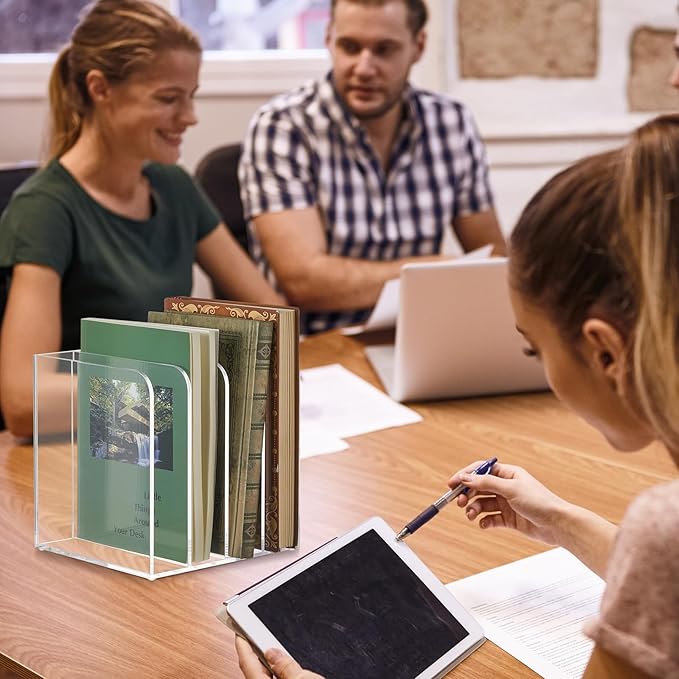 Suzile Clear Acrylic Magazine File Holder with Vertical Compartments Desk Organizer Book Rack for Desk Sorter Paper Folder Office Accessories(Stylish,7 x 6.9 x 6.3 Inch)