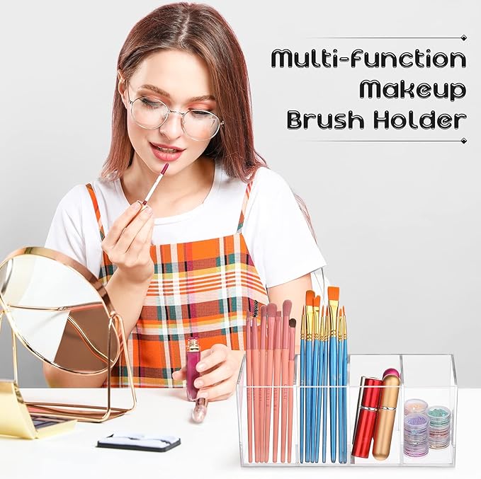 Pajean 4 Pack Acrylic Pen Pencil Holder - 4 Compartments Clear Pencil Pen Holder Organizer - Makeup Brush Holder Acrylic Pencil Organizer Cup for Office Home Supplies Desk Accessories