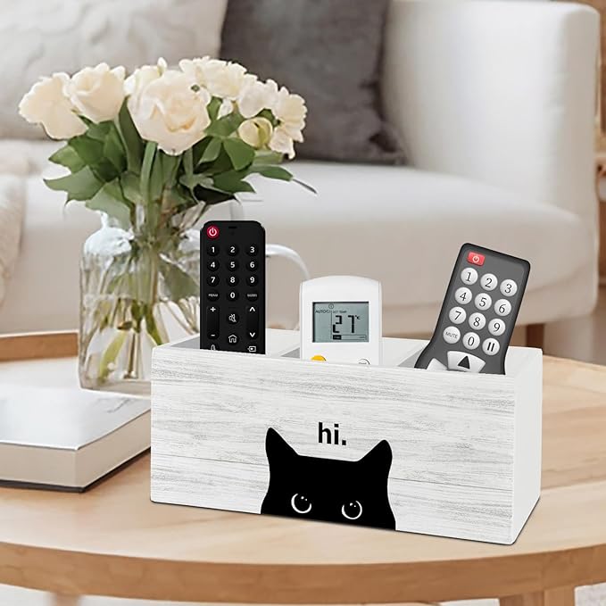 Hi Black Cat Pen Pencil Holder Organizer for Desk Accessories, Black Cat Mom Lady Lovers Owner Gifts Wooden Box Sign Desk Decor for Home Office Decoration, Pet Lover Gifts