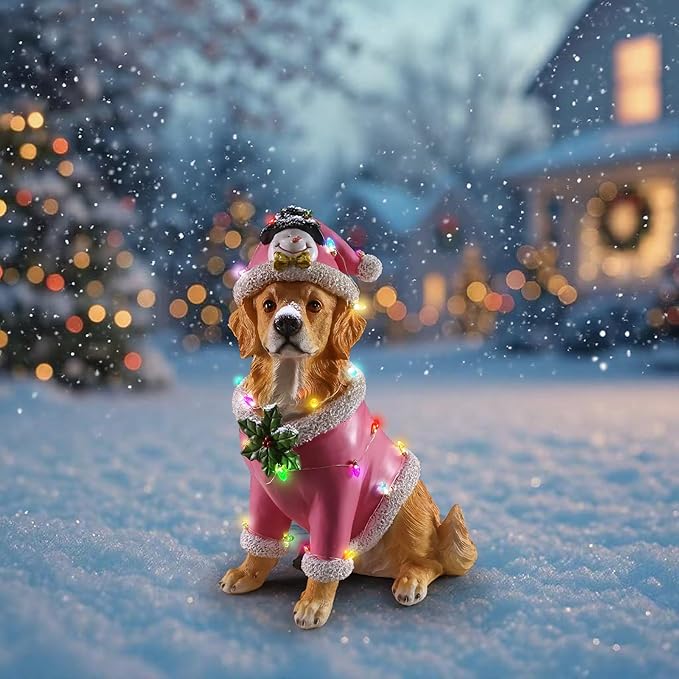 Christmas Outdoor Decoration Dog Statue, LED Light Cute Golden Retriever Dog Sculpture with Pink Santa Outfit & Lights for Garden and Yard, Indoor Holiday Décor Gift for mom and dad