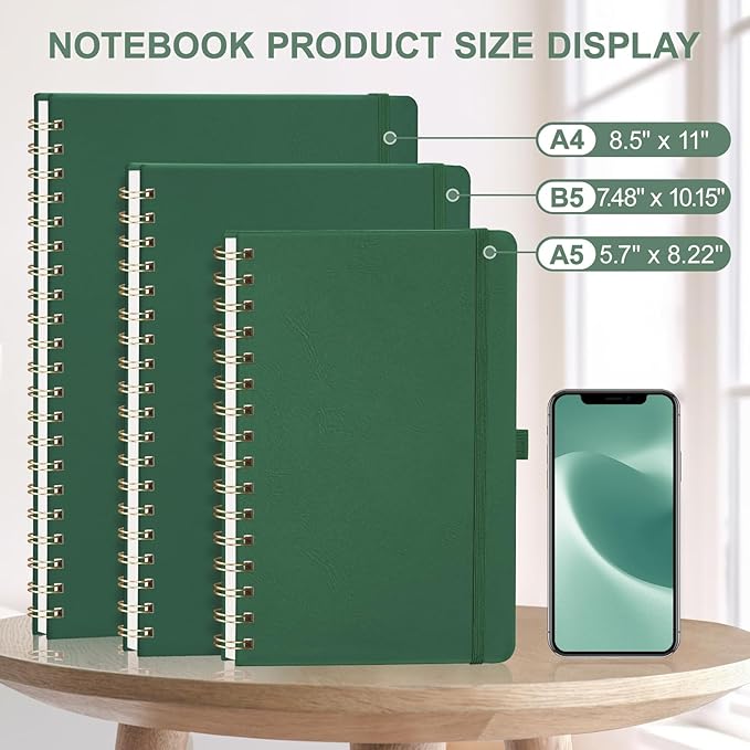AHGXG Lined Spiral Journal Notebook, B5 Large Notebooks for Women Men, 140 Pages Hardcover Leather Notebook College Ruled, 100 GSM Paper, Notebooks for Work School Note Taking, 7.6" x 10", Green