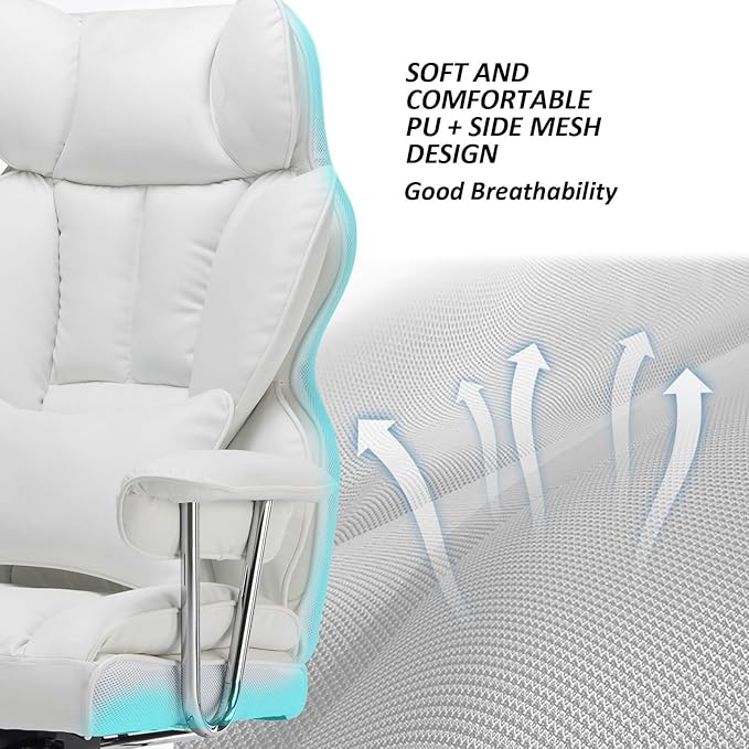 Efomao Big and Tall Office Chair 400lbs – High Back PU Leather Executive Chair with Lumbar Support, Footrest, Swivel Base, Padded Armrests, and Rolling Wheels for Home Office, White Computer Chair