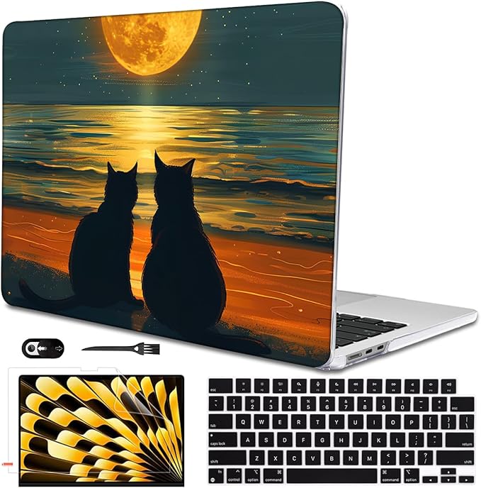 Compatible with MacBook Air 13.6 inch Case 2025 2024 2023 2022 Release M4 A3240 M3 A3113 M2 A2681 with Touch ID, Pattern Plastic Hard Shell Cover for MacBook Air 13.6 M4, Cat Watching Moon