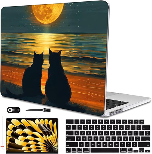Compatible with MacBook Air 13.6 inch Case 2025 2024 2023 2022 Release M4 A3240 M3 A3113 M2 A2681 with Touch ID, Pattern Plastic Hard Shell Cover for MacBook Air 13.6 M4, Cat Watching Moon