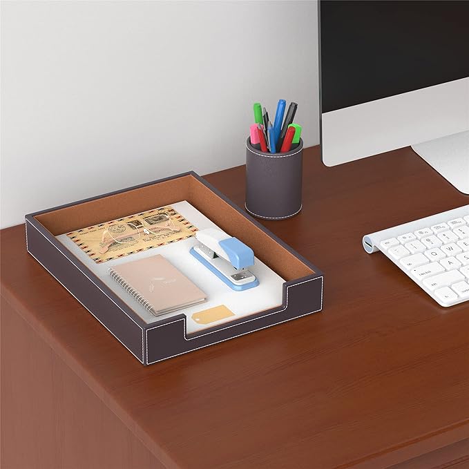 Leather Letter Tray, Thipoten Elegant Desk Organizer for Office Supplies, Mail, Paper, File, Magazine, Perfect Office Organization for Desktop(Brown)