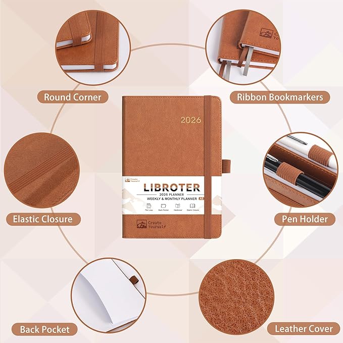 2026 Planner - Planner 2026, 2026 Weekly Monthly Planner, Jan.2026 - Dec.2026, 5.7'' x 8.4'', Thick Paper, Leather Cover, Pen Holder, Back Pocket, Bookmarks, Perfect Daily Organizer - Brown