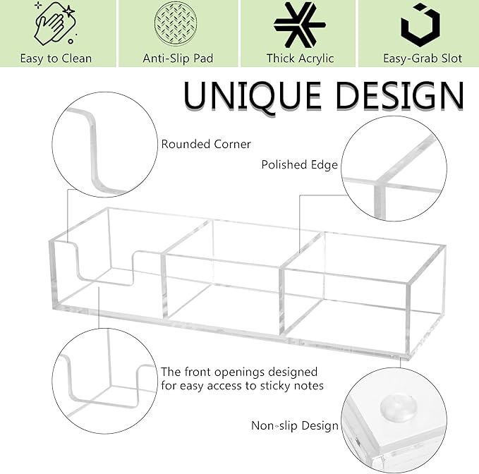 Acrylic 3in1 Sticky Note Holder Desk Organizer, 11.8" x 3.9" x 2.3" Self-Stick Memo Pad Dispenser for School Office Home Post Bank with 3 Compartments (DP003)
