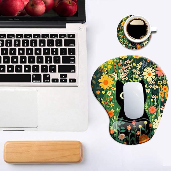 Ergonomic Mouse Pad with Wrist Support,Mouse Pad with Wrist Rest and Coaster Set,Office Supplies Non-Slip Mouse Pads for Desk, Non-Slip Comfortable,Cute Black Cat