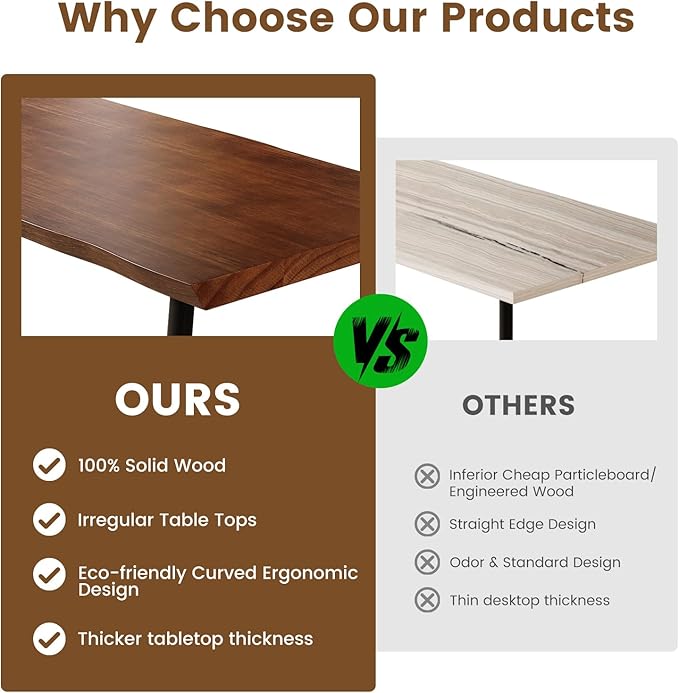 Solid Wood Desk 55 inches, Home Office Computer Desk Wooden Rustic Writing Desk Metal Modern Simple Design Executive Real Wood Desk(Walnut)