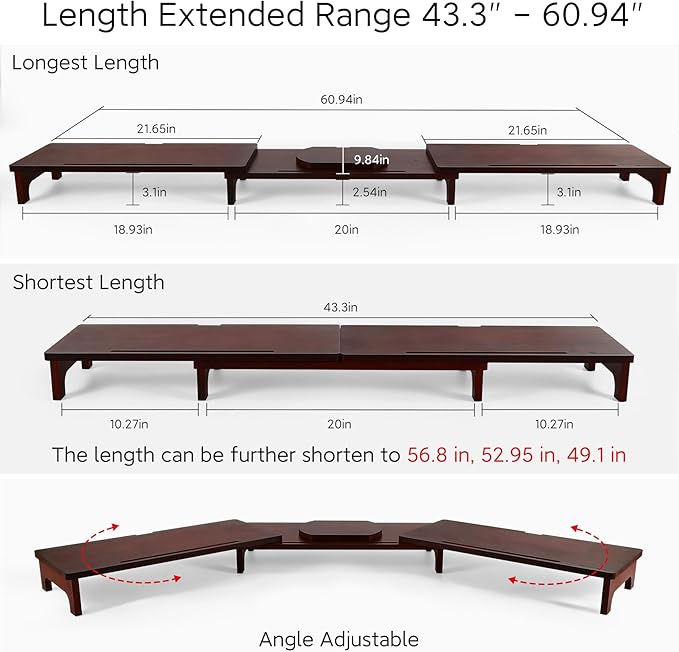 Nnewvante Large Dual Monitor Stand Riser, 60 inch Bamboo Monitor Stand with Adjustable Length and Angle, 3 Shelves Desktop Screen Riser for Computer Laptop PC, Walnut