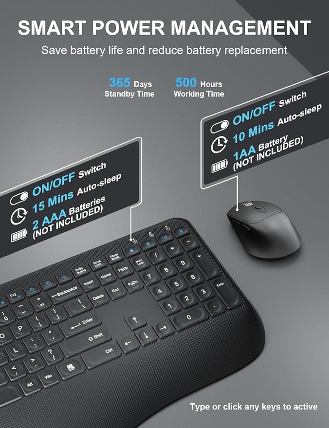 Wireless Keyboard and Mouse Combo, EDJO 2.4G Full-Sized Ergonomic Computer Keyboard with Wrist Rest and 3 Level DPI Adjustable Wireless Mouse for Windows, Mac OS Desktop/Laptop/PC (Carbon Black)