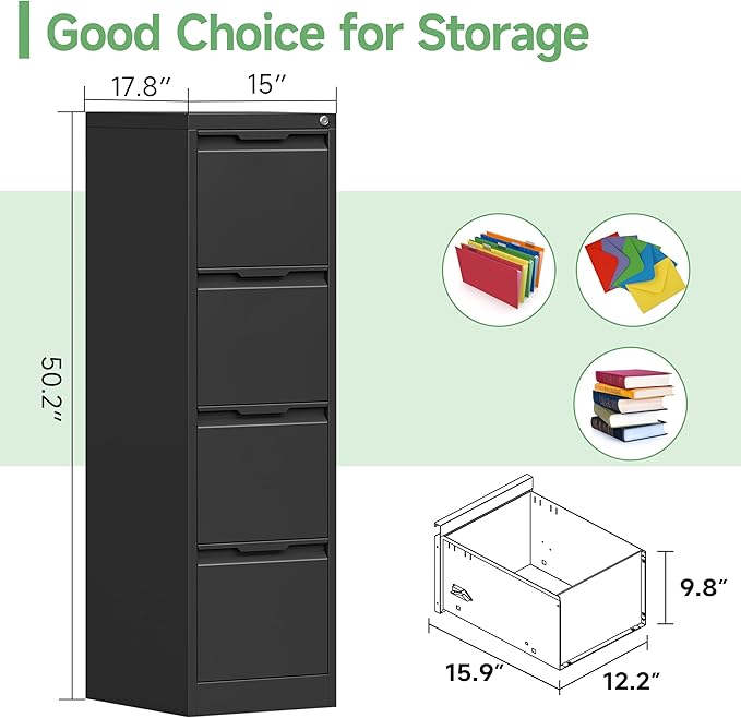 4-Drawer File Cabinet with Lock,Metal Vertical Filing Cabinets for Home Office,Under Desk File Cabinets for Letter/Legal/A4 Size Files,Easy Assemble,Black