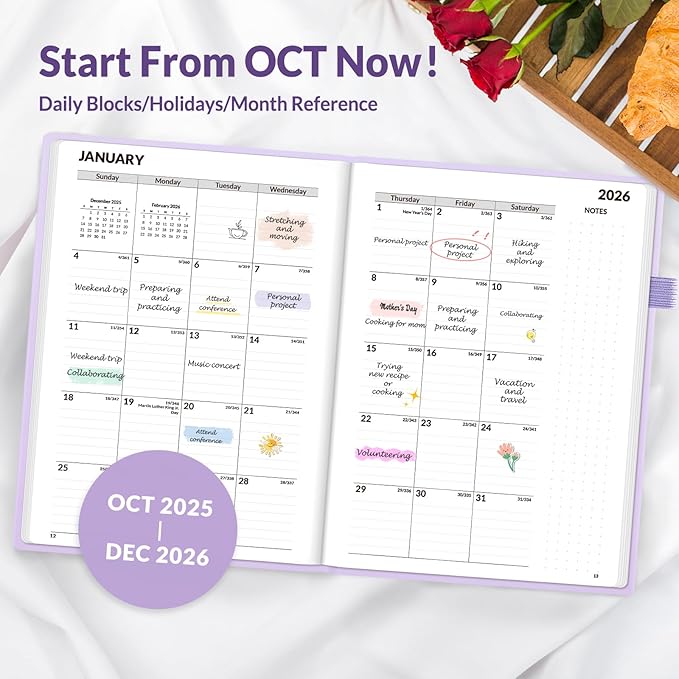 SUNEE 2026 Weekly & Monthly Hardcover Planner 5.5" x 8.3" - 12 Month (January 2026 - December 2026), Small Hardcover Planner, Pocket, Notes, 100 GSM Paper, Purple