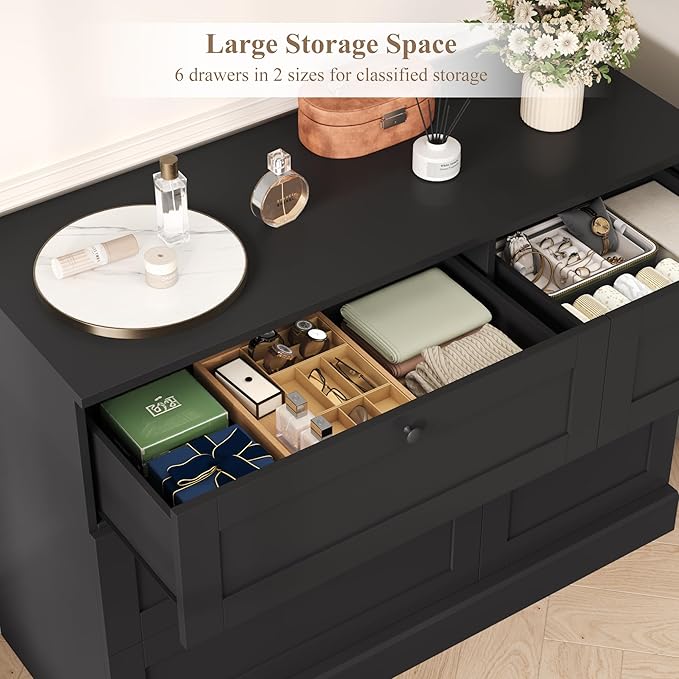 HOSTACK 6 Drawer Dresser, Dresser for Bedroom, Wood Wide Chest of Drawers, Modern Drawer Chest for Living Room, Entryway, Hallway, Black