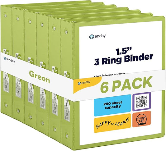 3 Ring Binder Green, 1.5 Inch Clear View Cover with 2 Inside Pockets Binder, Colored School Supplies 1 ½ Inch Round Ring Binders, Also Available in Red, Blue, Purple, Pink, and Grey (6 PC) – by Enday