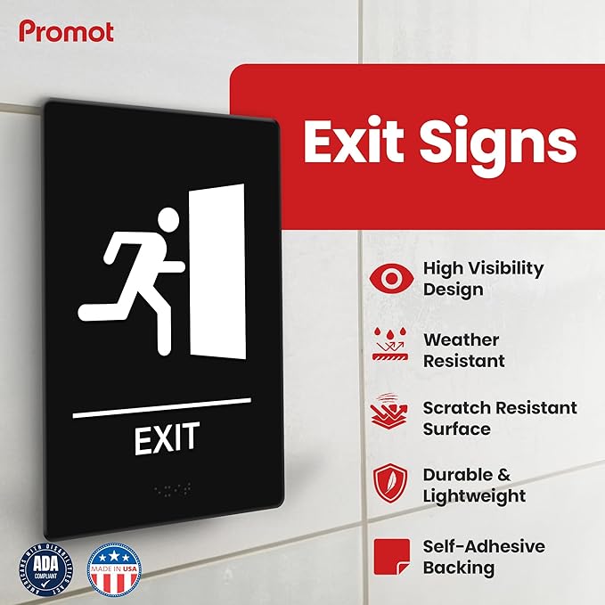 Promot Exit Sign – ADA Braille Exit Sign for Business, Self-Adhesive, 9" x 6", Commercial Door Signage, Office Wall Decor - Black