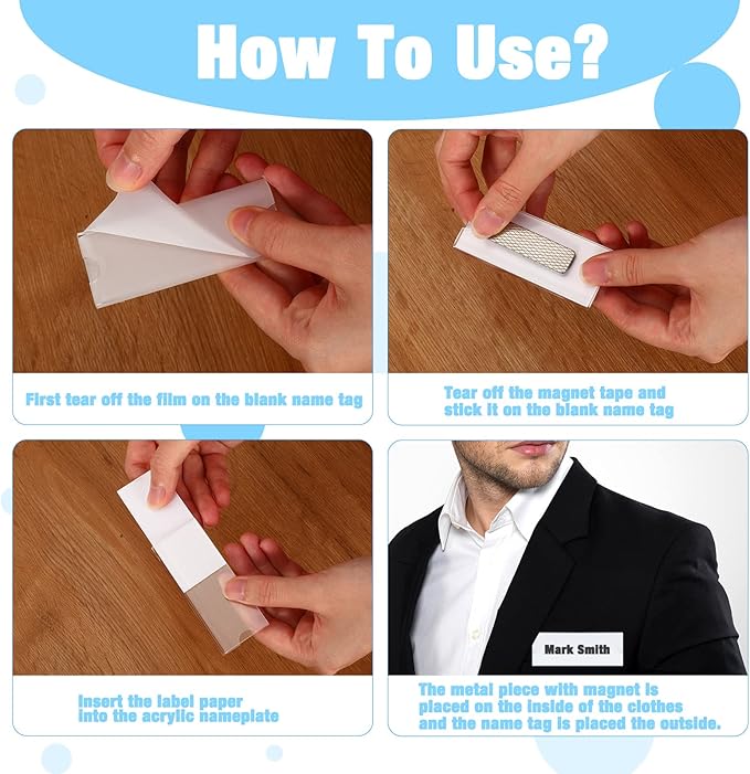 50 Pieces Magnetic Name Tags Kit Acrylic Name Badge Holders Clear Label Holders with Blank Printable Paper Inserts Magnets Custom Identity for Office