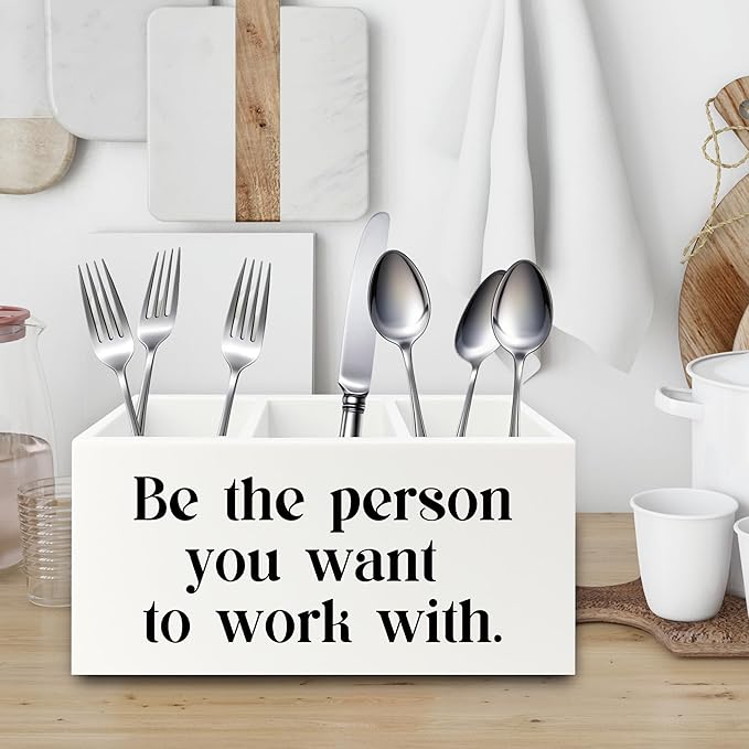 Be the Person You Want to Work with White Pen Pencil Holder Organizer for Desk, Inspirational Gifts for Women Men, Motivational Wooden Box Sign for Home Office Desk Tabletop Decorations