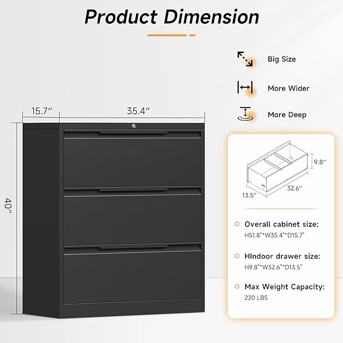 Lateral File Cabinet with Lock, 3 Drawer Lateral Filing Cabinet for Office Home, Locking Metal Steel Wide for Hanging Files Letter/Legal/F4/A4 Size, Easy Assemble Black