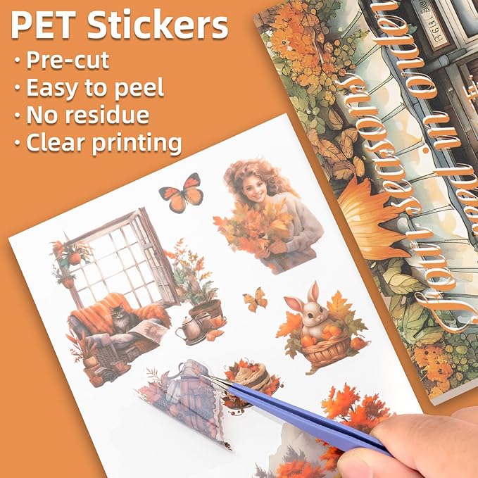 Autumn Theme Sticker Scrapbooking Supplies for Junk Journal, 20 Sheets PET Stickers - Vintage Journaling Stickers, Ephemera Sticker Book Pre Cut(TZ-006-003)