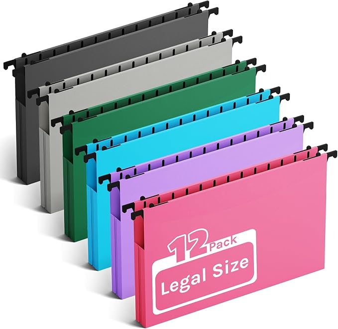 Ansook Plastic Legal Size Hanging File Folders,12 Pack Reinforced Expanding Hanging Folders,Heavy Duty 1” Expansion,Filing Cabinet Folders,Insertable Tabs,Color Coded File Organization,Assorted Color