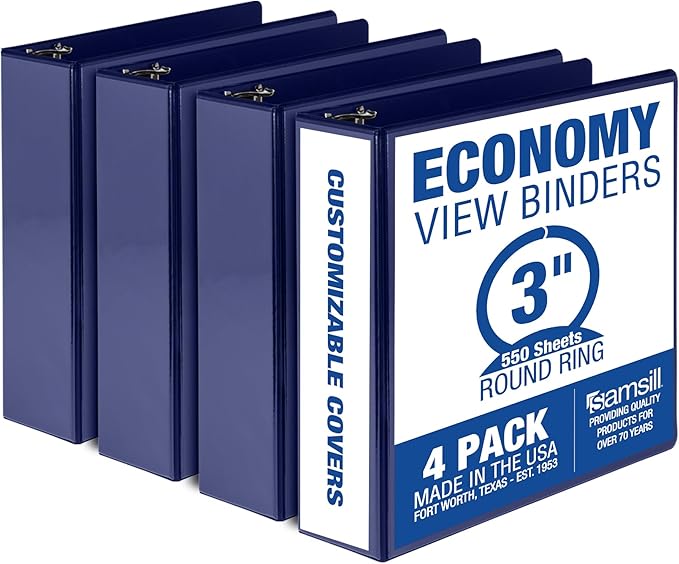 Samsill 3 Inch 3 Ring Binders, Made in USA, Economy Round Ring, Clear View Cover, 550 Sheet Capacity - for School, Home, Office - Blue, 4 Pack