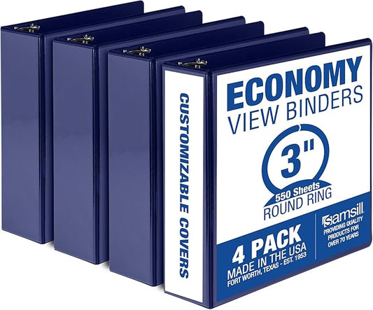Samsill 3 Inch 3 Ring Binders, Made in USA, Economy Round Ring, Clear View Cover, 550 Sheet Capacity - for School, Home, Office - Blue, 4 Pack