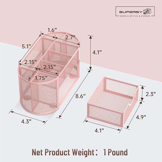 SUPEASY Mesh Desk Organizer, Desk Accessories & Workspace Organizers with Drawers, Pencil Holder for Desk with 9 Compartments for Office Suppliess, 8.6 x 4.3 x 4.1 Inch, Pink