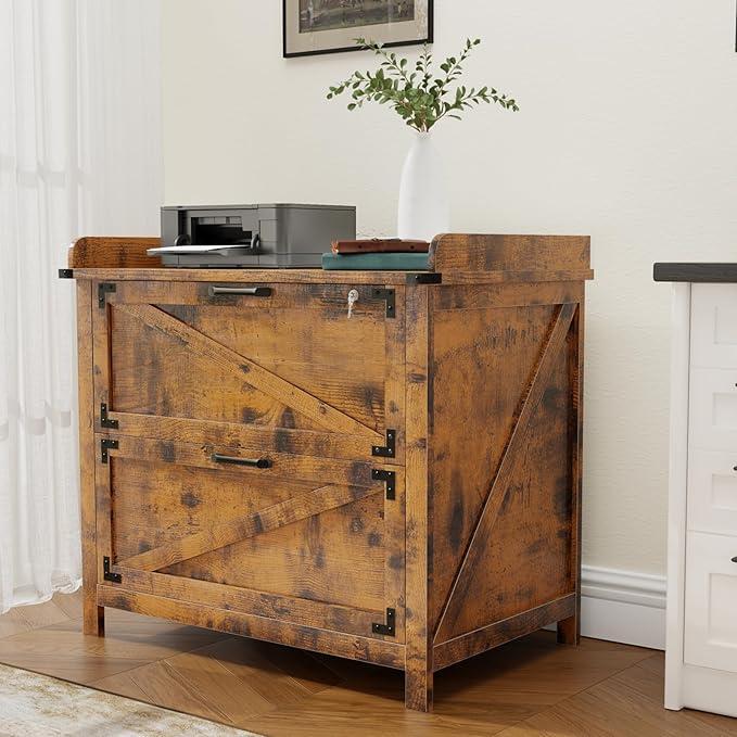 2 Drawer File Cabinet with Lock, Modern Farmhouse Filing Cabinet for Legal/Letter/A4 Size Hanging Files, Large Wood File Cabinets for Home Office