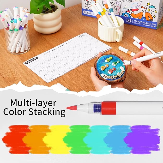 ROSYMENG Acrylic Paint Markers, 154 Colors + 8 Metal Colors - Large Ink Capacity, High Coverage with Brush Tip Acrylic Paint Pens, Suitable for Wood, Glass, Rock, and Fabric - Student School Supplies
