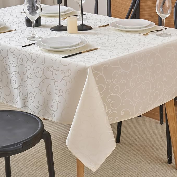 Romanvicky Christmas Jacquard Tablecloth White Floral Pattern Rectangle Table Cloth Spill Proof Wrinkle Resistant Polyester Table Cover for Dining, Party, Thanksgiving Decoration, 60 x 84 Inch