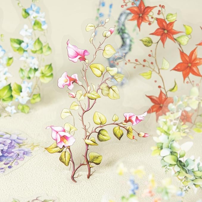 Floral Vine PET Stickers, 120 Pcs Large Botanical Ephemera for Scrapbooking, Journaling, DIY Crafting, and Art Supplies