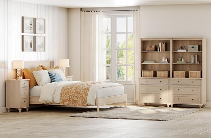 WAMPAT 3 Tier Bookshelf with 3 Drawers, 72" Tall Bookcase Large Farmhouse Display Book Case Shelf with 3-Tier Open Book Shelfs，Library Wood Bookshelves for Living Room,Kitchen, Light Oak(2PCS)