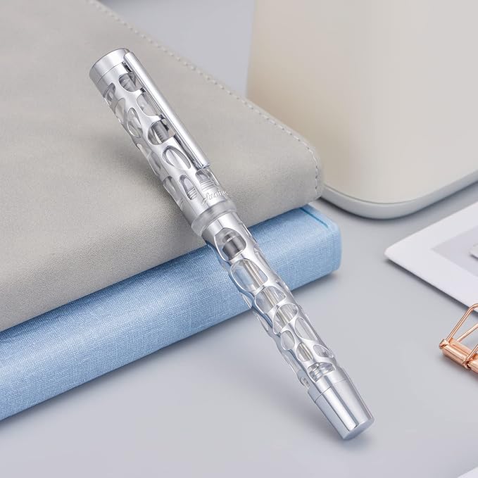 Asvine V169 Vacuum Filling Fountain Pen Fine Nib, Water Drop Skeleton Transparent Acrylic Pen Case Set