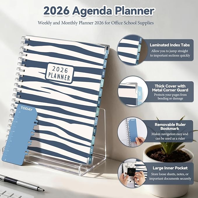 GuassLee Large 2026 Planner, Weekly and Monthly Planner from January 2026-December 2026, 8.5"x 11" Calendar Agenda Book with Back Pocket, Stickers for Home Office School Supply, Navy Blue