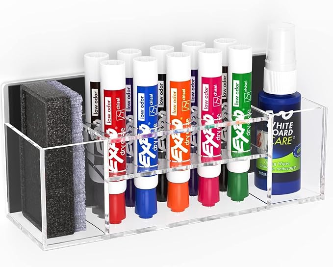 Magnetic Dry Erase Marker Holder Wall Mount, Acrylic 10 Slots Whiteboard Marker Holder for School, Office and Home, Eraser and Whiteboard Cleaner Not Included, Clear