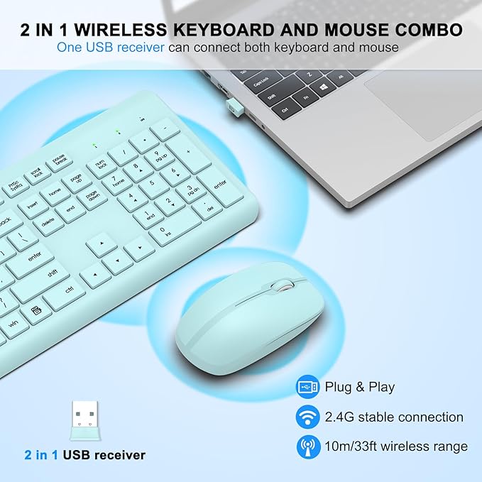 Wireless Keyboard and Mouse Combo, Full Size Silent Ergonomic Keyboard and Mouse, Long Battery Life, Optical Mouse, 2.4G Lag-Free Cordless Mice Keyboard for Computer, Mac, Laptop, PC, Windows(Green)