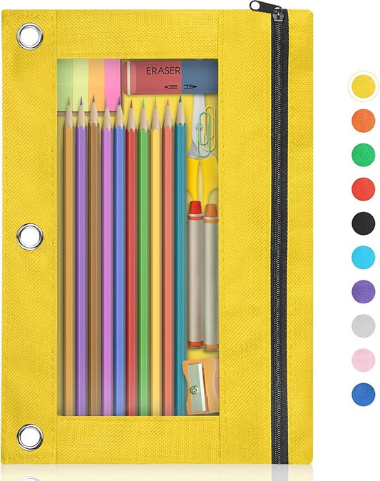 Shemira Pencil Pouch for 3 Ring Binder, Binder Pencil Pouch with Smooth Zipper, Clear Window Pencil Case for Binder, Zipper Pencil Pouches, Big Capacity 3 Ring Binder Pencil Bag, Yellow