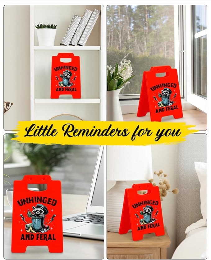 Funny Raccoon Desk Little Signs - Unhinged and Feral Raccoon Gifts for Women Men, Gag Office Gifts for Coworkers Cubicle Office Decorations